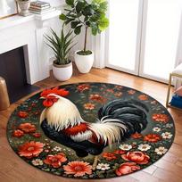 Rooster and Floral Motif Round Rug, Enhances Farmhouse Style Interiors, Features Soft Flannel Texture for Added Comfort 60cm x 60cm