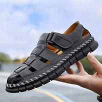 Fashion Genuine Leather Men Shoes handmade sewing Summer New Men's Sandals Men Sandals outdoor Fashion Sandals men 6.5 juoda