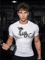 Men's Compression Shirt Quick Dry White Gym T-Shirt Black Chinese Dragon Print Workout Sportswear S balta