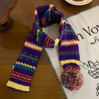 Luochi Retro Fair Isle Pom-pom Scarf for Women – Colorful Striped, Short, Stylish, Warm Autumn/Winter Neck Warmer 135-175CM