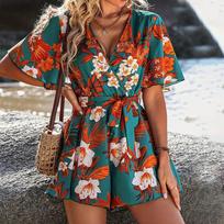 Beach vacation style onesie cross-neck belt short loose print jumpsuit women S žalia