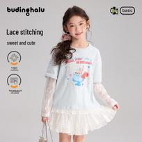 Pudding Haru Girls' Lace Patchwork Printed T-Shirt 150 dangaus mėlyna spalva