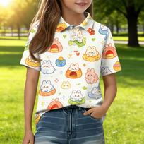 Kids Short Sleeve Polo Shirt Animal Print Casual Top Button Down Collar Summer Tee for Boys and Girls Soft Lightweight Fabric 150 smėlis