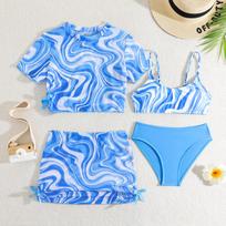 Girls Three Piece Swimsuit Set High Waist Bottoms with Mesh Skirt and Short Sleeve Cover Up Top for Kids Summer Beachwear 140 mėlyna