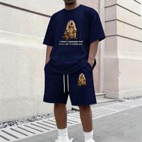 Men's Casual Two Piece Set Short Sleeve Crew Neck T Shirt and Shorts with Animal Print Loose Fit Summer Outfit Comfortable Daily Wear S mėlyna