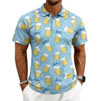 Men's Casual Printed Polo Shirt Short Sleeve Button Down Top Mug Pattern Collared Shirt for Daily Wear Travel Office M