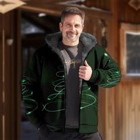 Men's Fleece Lined Thickened Jacket Full Zip Casual Loose Fit Large Size Winter Outerwear with Hood and Printed Design XL