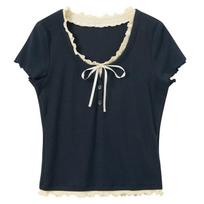 Sancai 2026 Summer Ruffle Trim Tie-Waist Layered Short Sleeve T-Shirt M tamsiai mėlyna spalva
