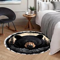 Black Bear Face Round Rug Wildlife Design Flannel Floor Mat Nature Lovers Home Decor Soft Non Slip Washable AreaCabinLodge Style 60cm x 60cm