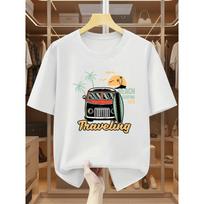 Men's Cotton Vintage Surf & Van Print T-Shirt - Short Sleeve Round Neck Casual Summer Beachwear with Retro Surfboard & Van Graphics 2XL balta