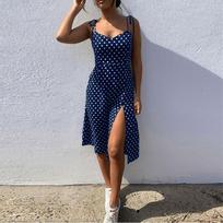 Suknelės Sundress Vasarinis Moteriškas Priežastinis taškelis Be rankovių aukšta klostuota elastinga juosmuo V formos kaklo paplūdimio suknelė Vestidos De Verano S mėlyna