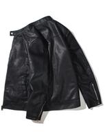 Chic PU Biker Jacket, Men's Casual Solid Color Zip Up Stand Collar Faux Leather Jacket For Fall Winter M juoda