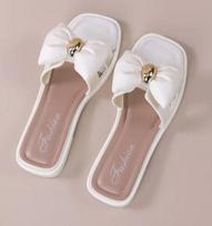 New Summer Square Buckle Slippers For Women, Non-, Fashionable Flat Sandals With Floral Bows. 36