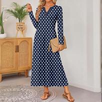 women Polka dot printed long-sleeved comfortable loose dress, elegant dress S tamsiai mėlyna