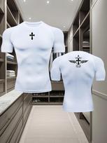 Men's Compression Shirt Quick Dry Gray Gym T-Shirt Front & Back Cross Print Workout Sportswear S balta