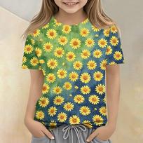 Kids Floral Print Crew Neck Short Sleeve Casual Loose Fit T-Shirt Comfortable Lightweight Top for Everyday Wear 150