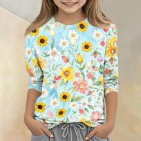 Kids Floral Print Crew Neck Three Quarter Sleeve Casual T Shirt Lightweight Breathable Fabric Comfortable Fit 120 mėlyna