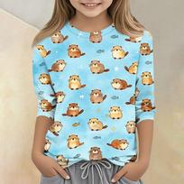 Kids Animal Print Crew Neck Three Quarter Sleeve Casual T Shirt Soft Fabric Comfortable Fit Lightweight Design Suitable for Everyday Wear 130 mėlyna