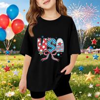 Kids Short Sleeve T-Shirt USA Graphic Print Top Independence Day Casual Summer Tee for Boys Girls 130 juoda