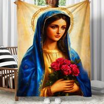Virgin Mary religious portrait blue robe golden halo red roses holy artwork spiritual flannel blanket church decorationChristian 75x90cm
