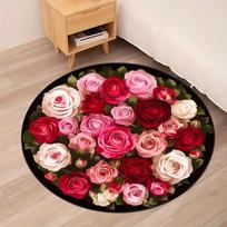 Rose Bouquet Round Rug Flannel Red Pink White Flowers Romantic Valentine Gift Wedding Anniversary Decor Bedroom Floor Mat Soft 60cm x 60cm