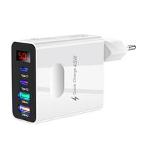 45W USB C įkroviklis 4 prievadai greitas įkrovimas skaitmeninis ekranas mobiliojo telefono adapteris iPhone 16 15 Xiaomi Huawei QC 3.0 sieninis PD įkroviklis EU Plug balta