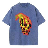 Street Style Skull Print Washed Denim Women's T-Shirt New Loose Crew Neck Short Sleeve Student Party Vintage Top S