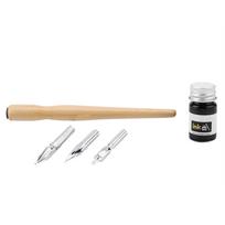 Comic Pen Set 3 Nibs 2 Mm Flat, Round, Wood Holder for Calligraphy Drawing Art, Beginners, 5 Ml Ink Capacity