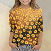Kids Floral Print Crew Neck Three Quarter Sleeve Casual T Shirt Lightweight Comfortable Fit Suitable for Daily Wear and Outdoor Activities 140