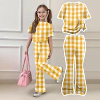 Kids Casual Short Sleeve Top and Long Pants Set Plaid Pattern Lightweight Soft Fabric Comfortable Fit Suitable for Daily Wear 120 geltona