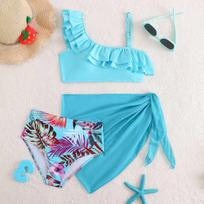 Girls Fashion High Waist Three Piece Swimsuit Set with Ruffle One Shoulder Top Printed Bottom and Sheer Wrap Skirt for Beach Pool 140 mėlyna