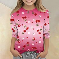 Kids Casual T Shirt with Fruit Print Crew Neck Three Quarter Sleeve Lightweight Soft Fabric Comfortable Fit for Everyday Wear 130