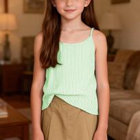 Girls Sleeveless Tank Top Casual Lightweight Striped Pattern Summer Blouse Adjustable Spaghetti Straps Soft Fabric Comfortable Fit 140 žalia