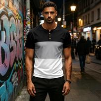 Men’s Casual Short Sleeve Henley Shirt with Panel Design Classic Button Front Comfortable Fit Top XL juoda