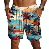 Men's Casual Hawaiian Print Drawstring Shorts Lightweight Quick Dry Mid Length Shorts with Elastic Waistband for Summer Activities XXL