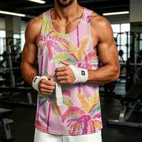 Men's Casual Hawaiian Print Outdoor Sports Tank Top Sleeveless Round Neck Beachwear Summer Vest for Athletic Activities M rožinė