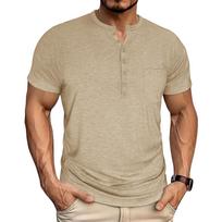 Men Henley Neck Short Sleeve T Shirt with Button Pocket Casual Stretchy Summer Basic Top for Everyday Wear M smėlis