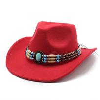 Spring Riding Woolen Felt Western Cowboy Hat with Wide-Brimmed Top, Suitable for Men and Women, British Classic Retro Style M（56-58cm） raudona