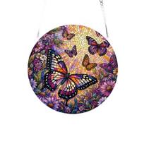 Acrylic Suncatcher Window Hanging Decor Butterfly Mosaic Pattern Round Shape 2D Design with Metal Chain for Home Office Decoration One Size