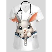 Clinical Uniform Woman Vet Easter Themed Print Top Summer Elegant V-Neck Short Sleeve with Pockets Dentist Scrubs Uniform Woman S