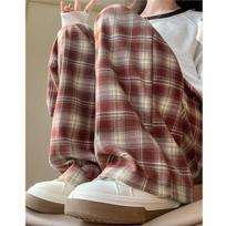 Hong Kong Retro Red Plaid High-Waist Wide-Leg Pants for Women M raudonos languotos spalvos