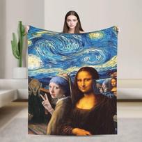 Cool Mona Lisa with Shades Warm Blankets  Funny Travel Car Throw Blanket Couch Chair Flannel Bedspread Sofa Bed Cover 75x90cm