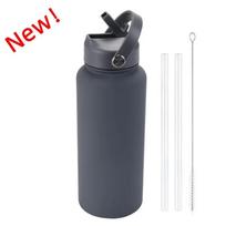 1L Sports WATER BOTTLE With Handle And Straw Stainless Steel Large Capacity Vacuum Flasks Drinkware Large Mouth GymThermos CUP 1L tamsiai pilka spalva