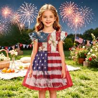 Girls Independence Day Dress Flutter Sleeve Patchwork Dress American Flag Print Layered Skirt Party Dress for Kids 150 smėlis