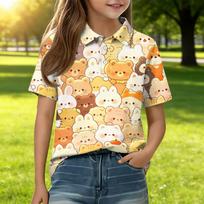 Kids Casual Short Sleeve Polo Shirt Animal Pattern Cartoon Print Lightweight Comfortable Soft Fabric Breathable Summer Top for Boys Girls 110 smėlis