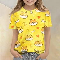 Kids Short Sleeve T Shirt Casual Loose Fit Crew Neck Top with Animal Print Soft Comfortable Fabric Suitable for Everyday Wear 100 geltona