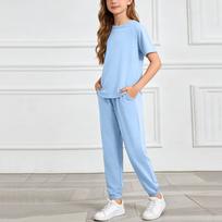 Girls Two Piece Set Short Sleeve Top and Harem Pants Lightweight Soft Fabric Casual Outfit for Spring Summer 160 mėlyna
