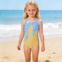 Girls One Piece Swimsuit Kids Summer Swimwear Children Beachwear Toddler Bathing Suit with Ice Cream Cone Print for Outdoor Water Activities 160 mėlyna