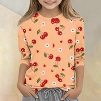 Kids Casual T-Shirt with Fruit Print Round Neck Three Quarter Sleeve Comfortable Fit Lightweight Fabric for Everyday Wear 130