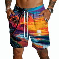 Men's Casual Hawaiian Print Drawstring Shorts Lightweight Quick Dry Mid-Length Beachwear Summer Five-Point Pants with Pockets L